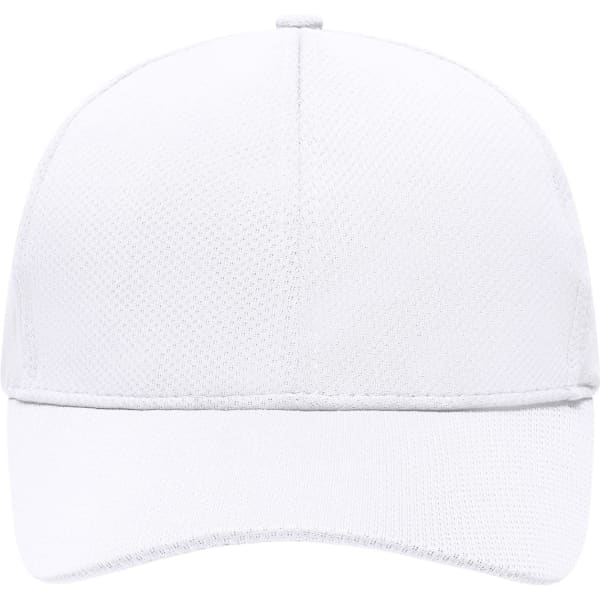 A white 6-panel sport mesh cap with a curved brim and a logo on the front.