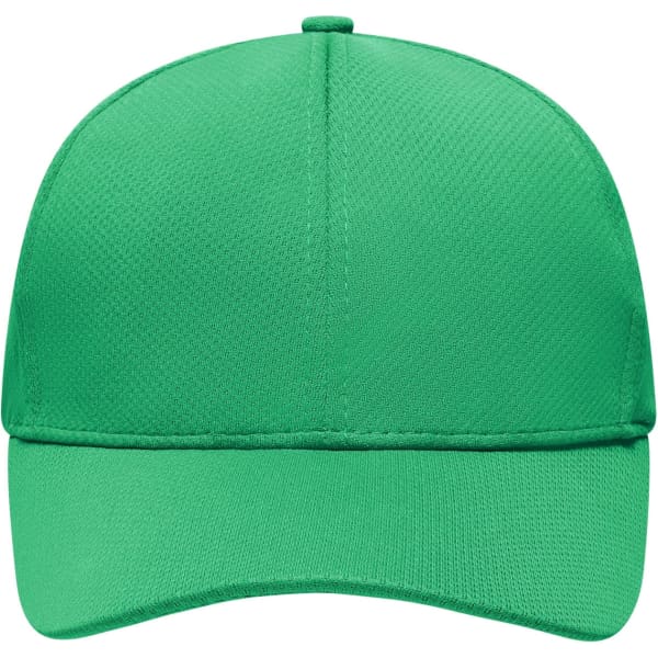 A green 6 panel sport mesh cap with a front peak and a logo on the side.