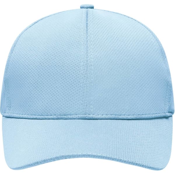 A light blue 6 Panel Sport Mesh Cap with a curved brim and a logo at the front.