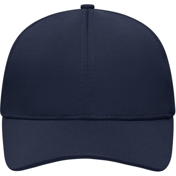 A navy blue 6 panel sport mesh cap with a structured front and a logo on the side.