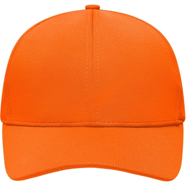 An orange six-panel sport mesh cap featuring a curved brim and a logo on the front.
