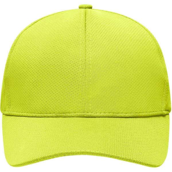A bright yellow 6-panel sport mesh cap with a curved brim and a logo on the front.