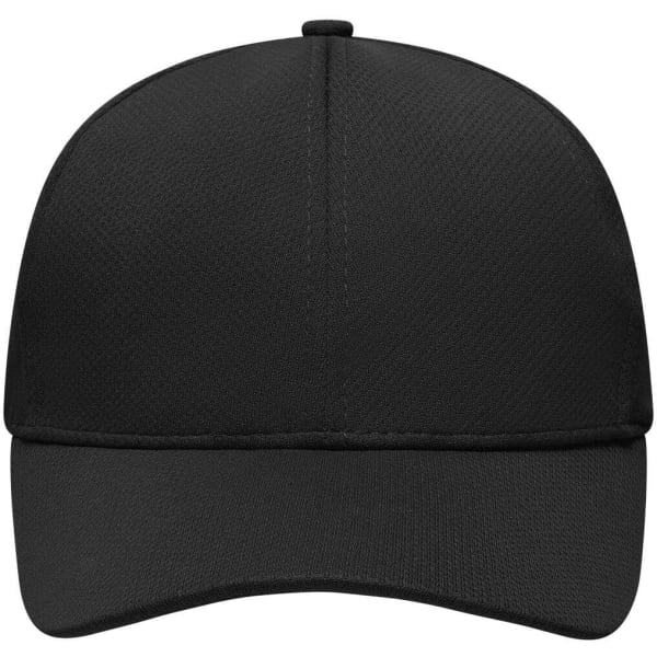 A black 6 panel sport mesh cap featuring a curved brim and a logo on the front.
