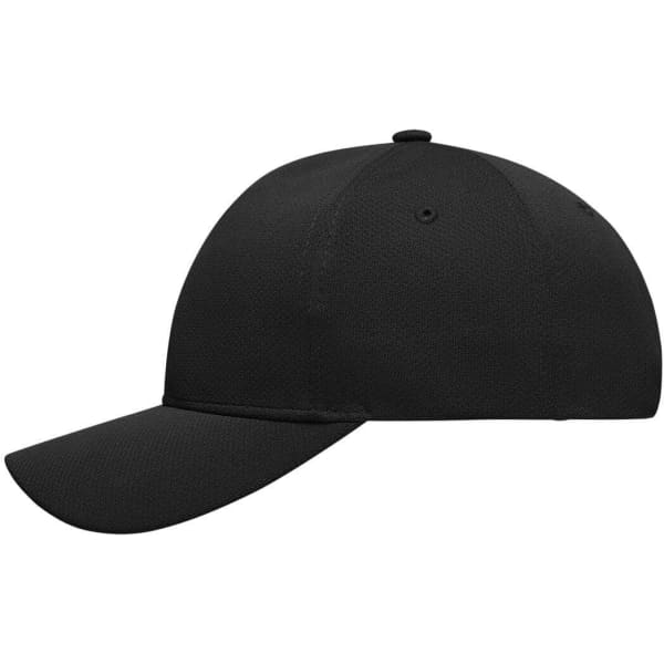 A black 6 panel sport mesh cap featuring a curved brim and an adjustable strap, with a logo on the side.