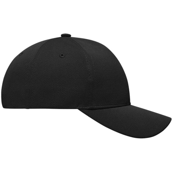 A black 6 panel sport mesh cap featuring a curved visor and a logo on the side.