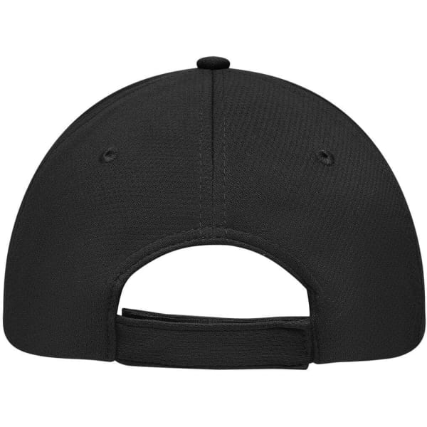 A black 6 panel sport mesh cap featuring a rear adjustable strap and a logo at the back.