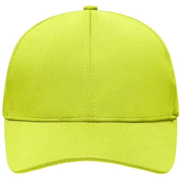 A bright yellow six-panel sport mesh cap with a logo on the front and a curved brim.