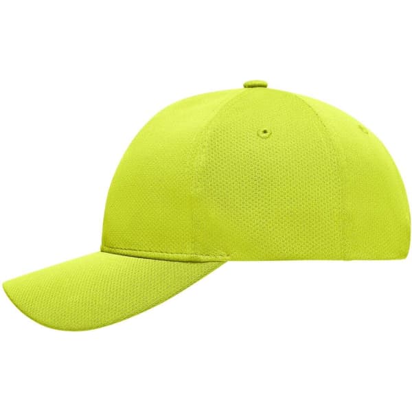 A bright yellow 6-panel sport mesh cap, featuring a curved brim and ventilation holes, with a logo on the front.