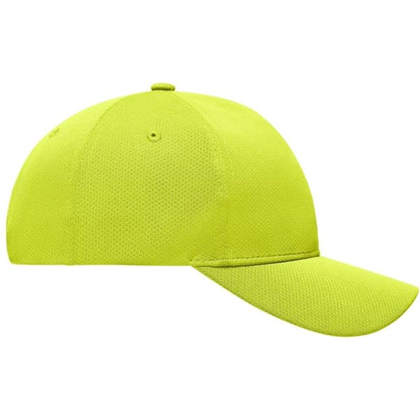 A bright yellow 6 panel sport mesh cap with a curved brim and ventilation holes. The cap features a logo.