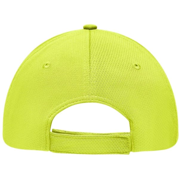 A bright yellow 6 Panel Sport Mesh Cap featuring a back adjustable strap and ventilation holes.