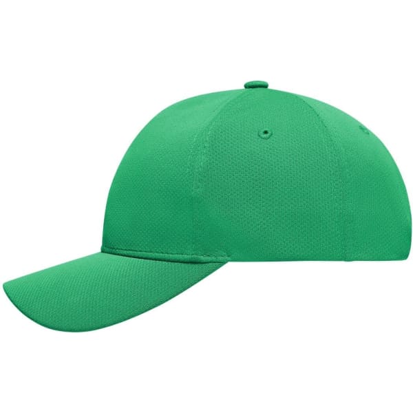 A green 6 panel sport mesh cap featuring a ventilation design and a logo on the front.