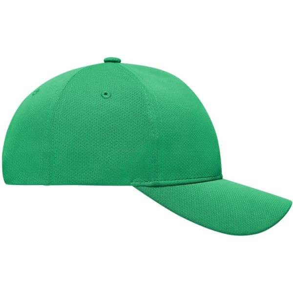A green 6 panel sport mesh cap with a curved brim and a logo on the front.