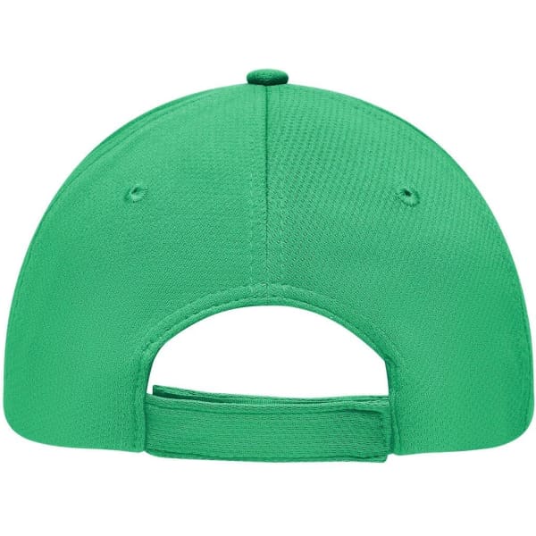 A green 6-panel sport mesh cap featuring a rear adjustable strap and a logo on the side.