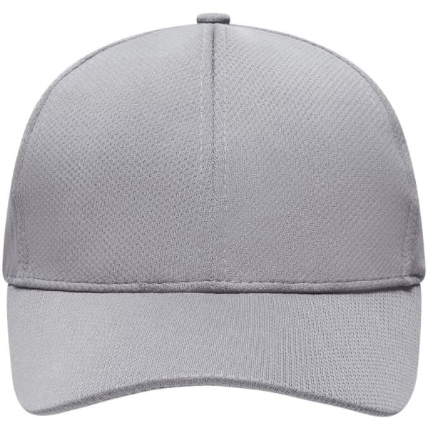 A grey 6-panel sport mesh cap featuring a curved brim and a logo on the front.