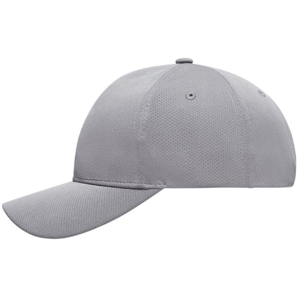 A grey six-panel sport mesh cap featuring a curved brim and a logo on the side.