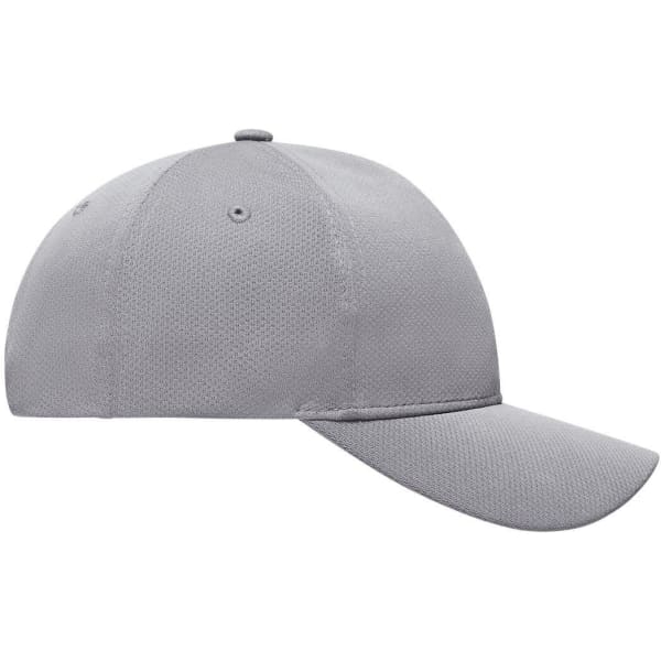 A grey 6-panel sport mesh cap featuring ventilation holes and a logo on the front.