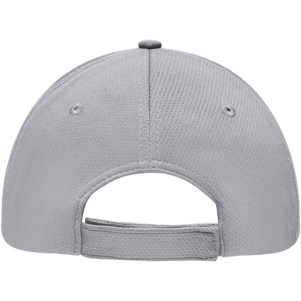 A grey 6 Panel Sport Mesh Cap featuring a back adjustment strap and a logo.