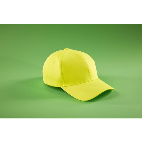 A bright yellow 6 panel sport mesh cap with a curved visor and a branding logo on the front.