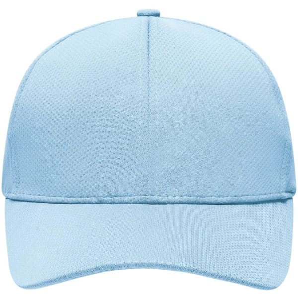 A light blue 6 Panel Sport Mesh Cap featuring a structured design and a logo on the front.