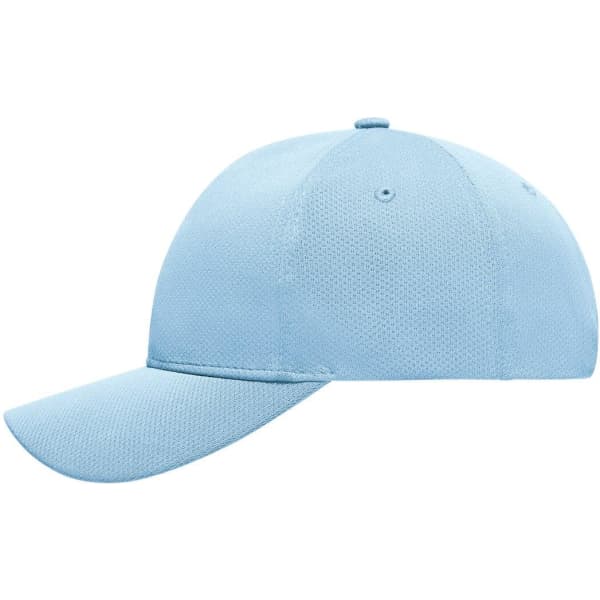 A light blue 6 panel sport mesh cap with a curved brim and a branding logo on the front.