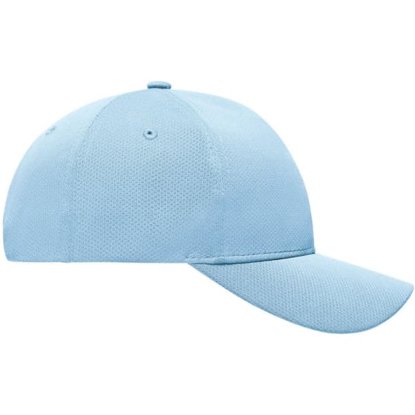 A light blue 6 Panel Sport Mesh Cap with a curved brim and ventilation holes, featuring a logo on the side.