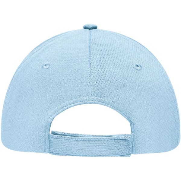 A light blue 6-panel sport mesh cap featuring a rear adjustable strap and a logo on the back.