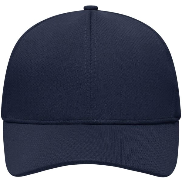 A navy blue 6-panel sport mesh cap with a structured front and a curved brim. It features a logo.