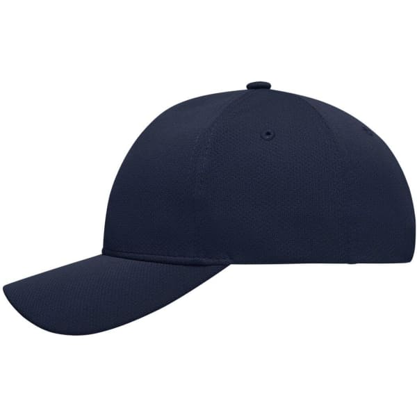 A navy blue 6 panel sport mesh cap with a curved brim and a logo on the front.