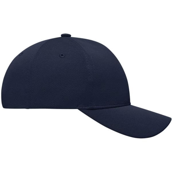 A navy 6-panel sport mesh cap with an adjustable strap and a logo on the front.
