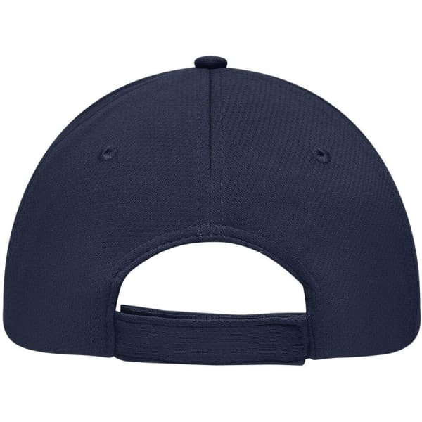A navy blue 6 Panel Sport Mesh Cap with a curved brim and adjustable strap at the back. It has a logo on the side.