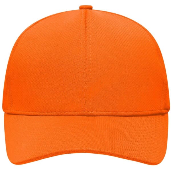 An orange six-panel sport mesh cap with a structured front and a curved brim, featuring a logo on the front.