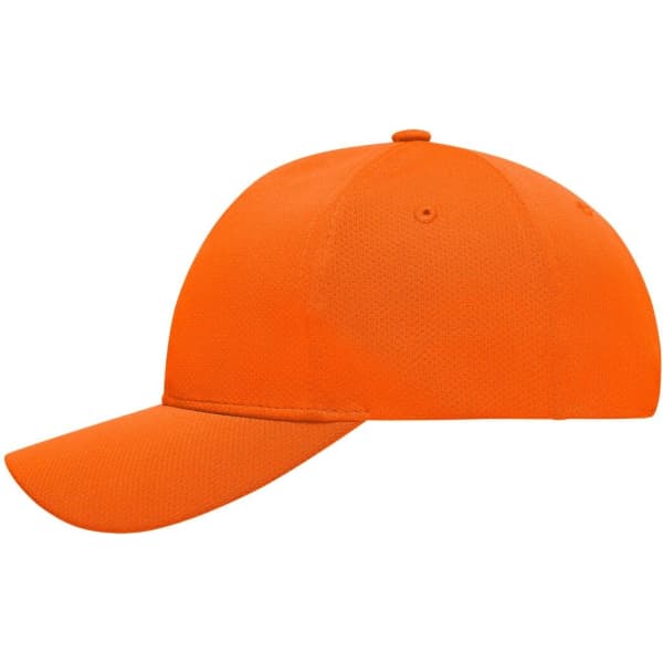 An orange six-panel sport mesh cap featuring a curved brim and a logo on the front.