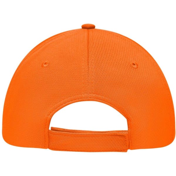 An orange 6-panel sport mesh cap with a rear adjustable strap and ventilation holes.