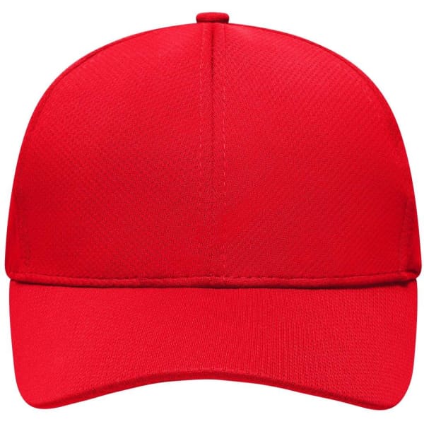 A red six-panel sport mesh cap featuring a curved peak and an interior logo.