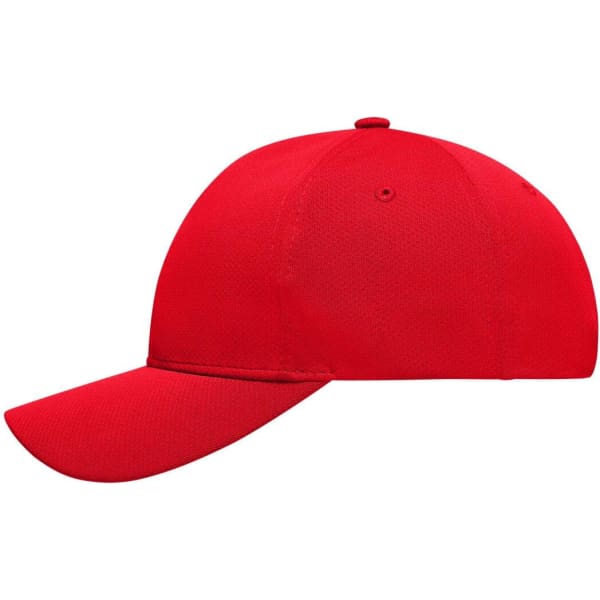 A red 6 panel sport mesh cap with a curved brim and a logo on the front.