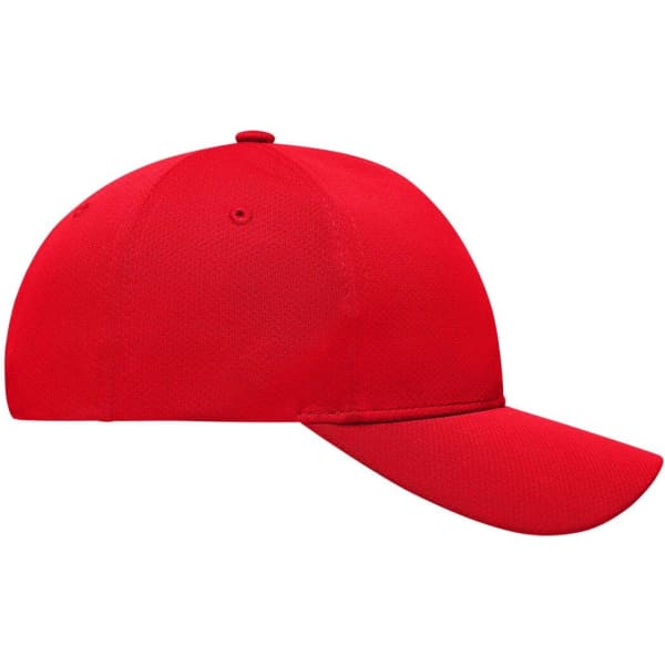 A red 6 Panel Sport Mesh Cap featuring a curved peak and a branded logo on the front.