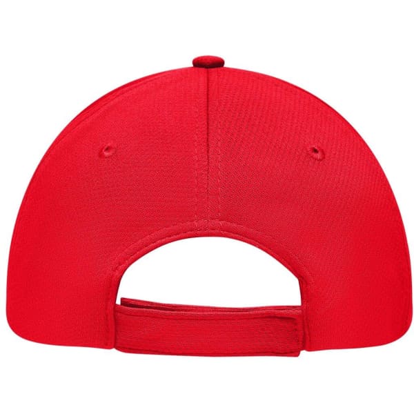 A red 6 panel sport mesh cap with a curved brim and adjustable strap at the back. It features a logo.