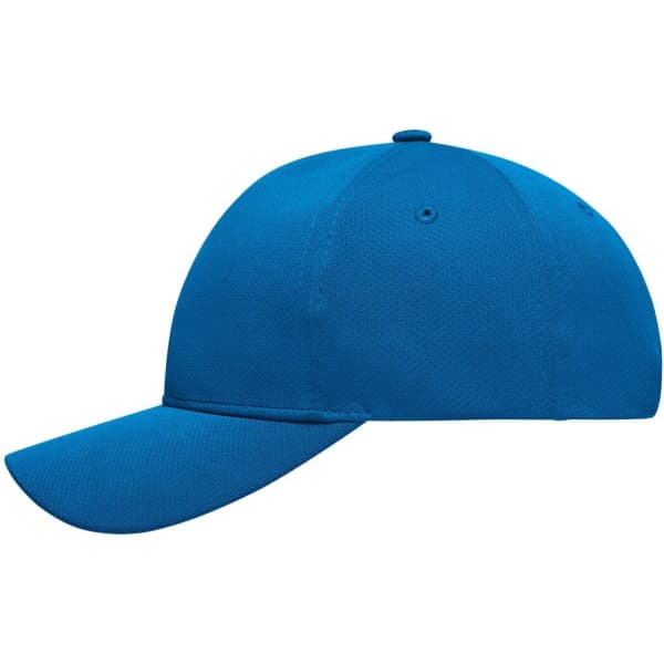 A blue 6 panel sport mesh cap featuring a structured design and a logo on the side.