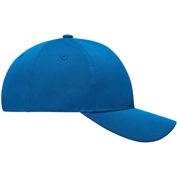 A blue 6 panel sport mesh cap with a curved brim and a logo on the side.