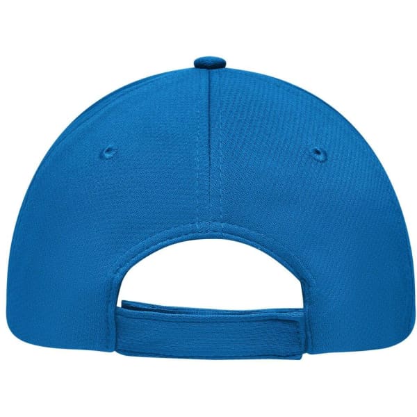 A blue 6-panel sport mesh cap featuring a back strap and a logo.