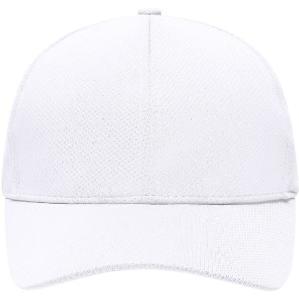 A white 6 panel sport mesh cap with a curved brim and a logo on the front.