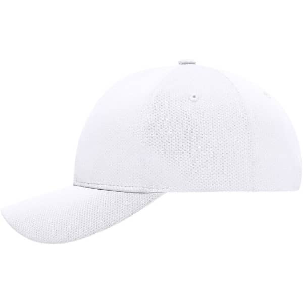 A white 6-panel sport mesh cap featuring a curved brim and ventilation holes, with a logo on the side.