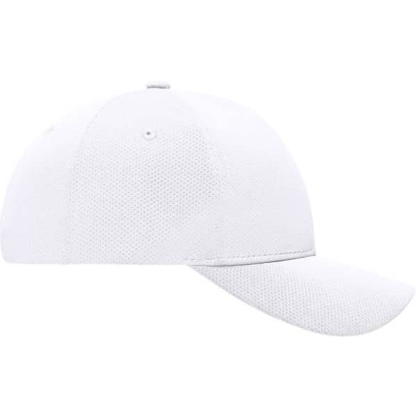 A white 6 Panel Sport Mesh Cap with a curved brim and a logo on the side.