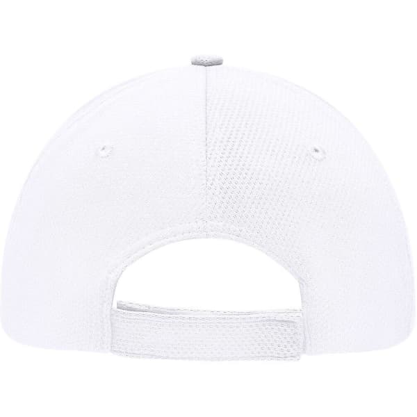 A white 6 Panel Sport Mesh Cap featuring a rear closure and ventilation. It includes a logo on the back.