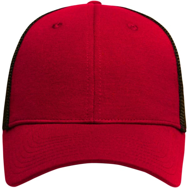 A red 6 panel cap with black mesh sides and a curved brim. It features a logo on the front.