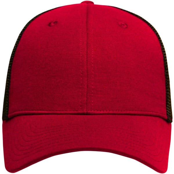 A red 6-panel elastic fit mesh cap with black mesh sides and a curved brim. Features a logo on the front.