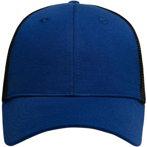 A blue 6-panel elastic fit mesh cap with black mesh sides and a curved peak. It features a logo on the front.