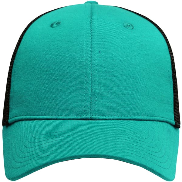 A teal and black 6-panel elastic fit mesh cap with a curved brim and a logo.