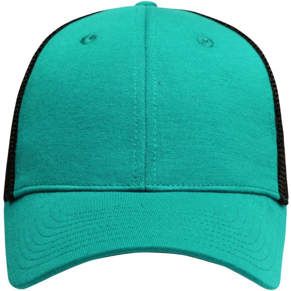 A turquoise 6 panel elastic fit mesh cap with black mesh sides and back. It features a logo on the front.