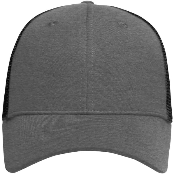 A grey 6-panel elastic fit mesh cap with a black mesh back and stitched detailing. It features a logo on the front.